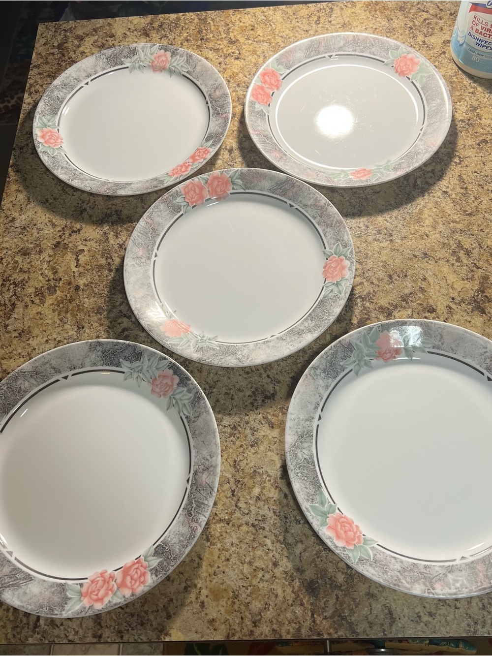 Vintage Corelle Floral Dinner Plates - Pink Rose Accent, Set of 5